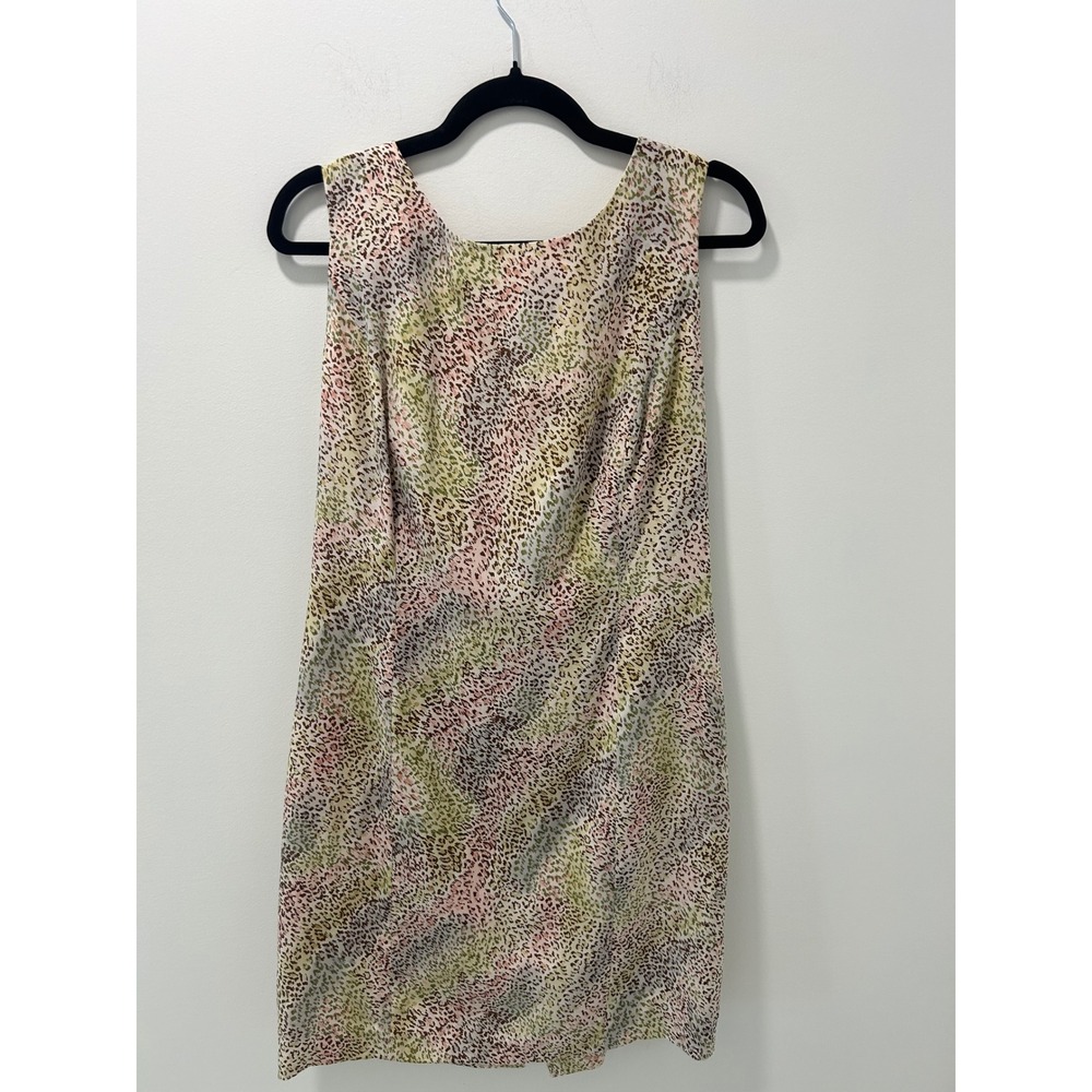 Maggy London 100% Silk Animal Print Open Back Tie Sheath Dress Pink Green Sz 14